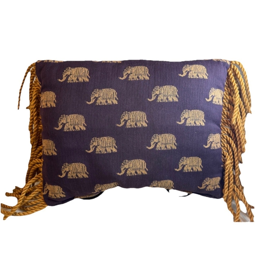 Boho‎ Woven Brocade Elephant Throw Pillow Gold Fringe Purple Decorative Cushion